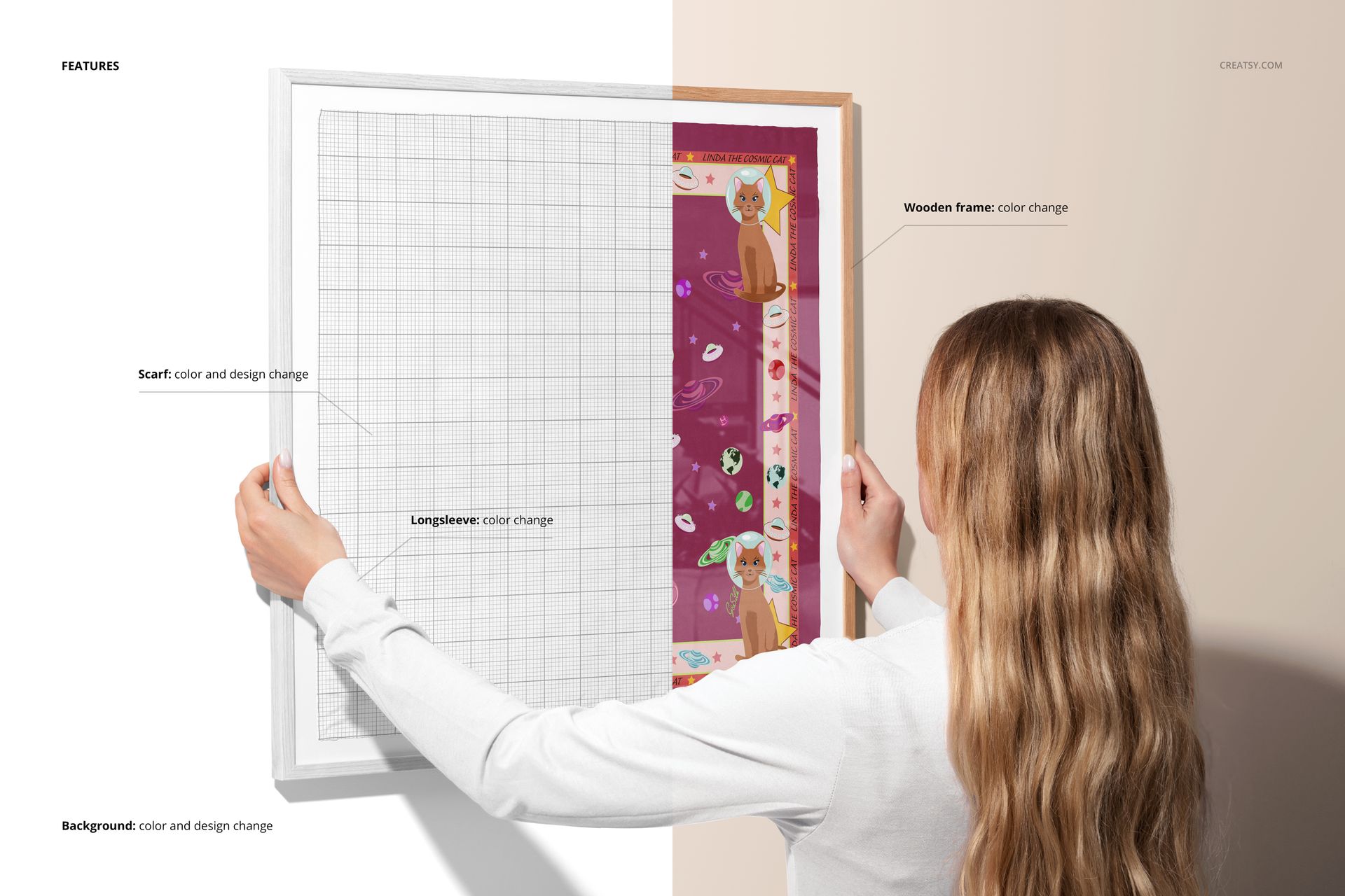 Silk scarf displayed in a square wooden picture frame mockup with a colorful pattern, shown from a side angle.