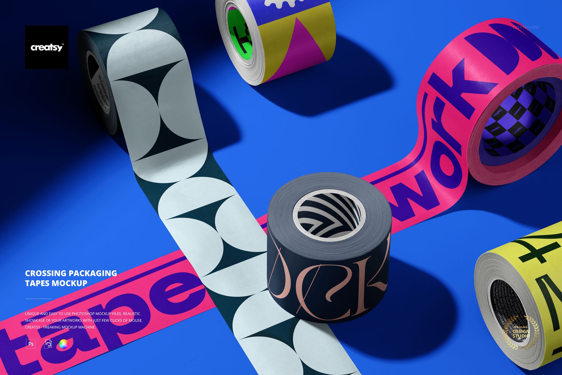 PSD mockup of packaging tapes in various colors and designs, including geometric and text elements, viewed from above.