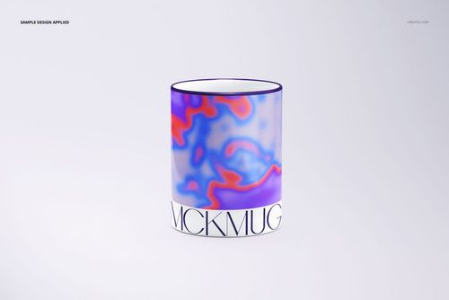 Front view of a sublimation mug mockup featuring a colorful swirling design in blue, purple, and red tones.