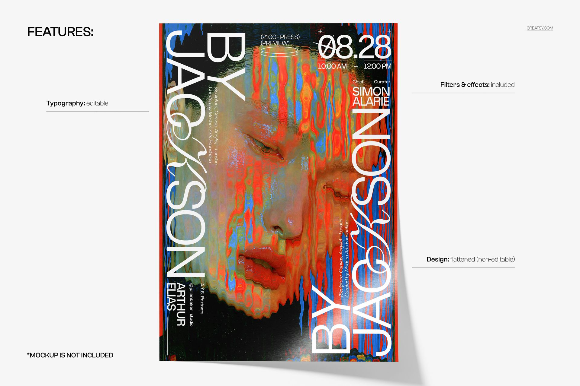 PSD mockup of a poster showing a face with vibrant melted paint strokes and large white text, displayed on a white background.