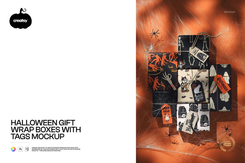 Halloween Gift Wrap Boxes with Tags Mockup - mockup screenshot 1
