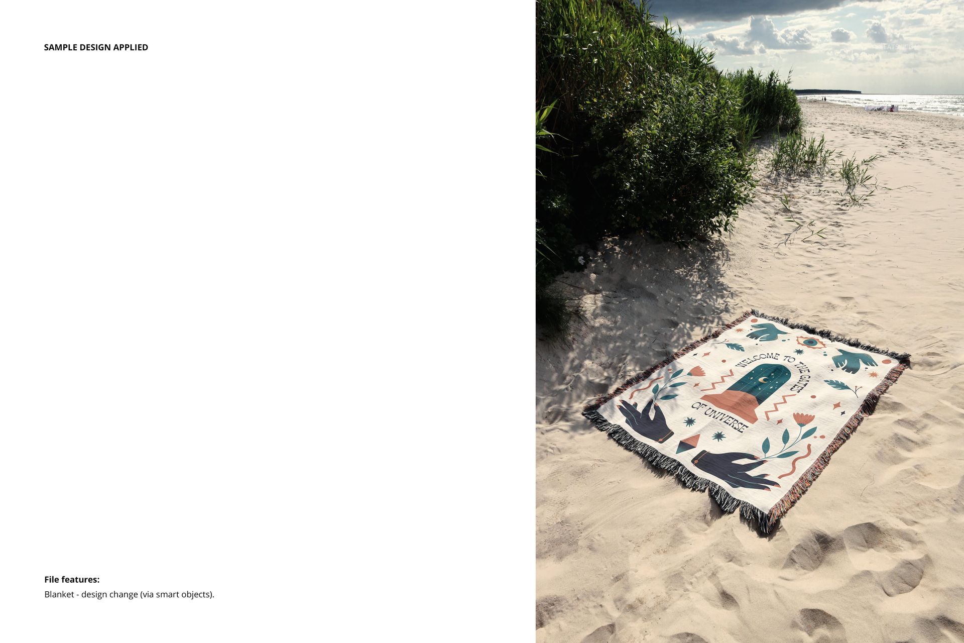 Mockup of patterned throw blanket with dark fringe displayed on a beach, surrounded by dunes and greenery.