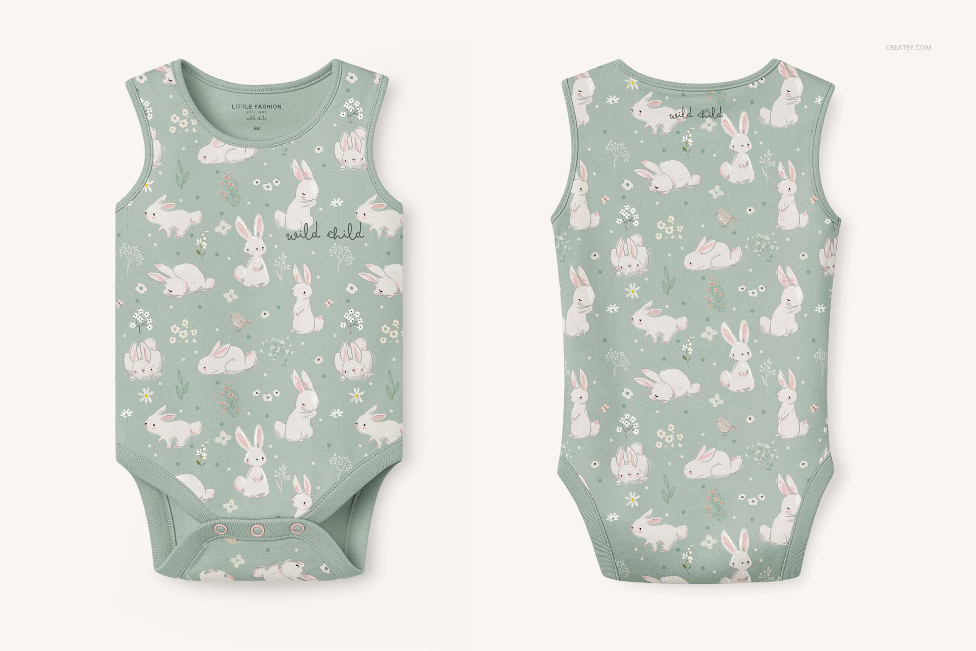 Sleeveless baby bodysuit mockup with pastel green fabric, featuring white bunny illustrations and floral accents, shown front and back.