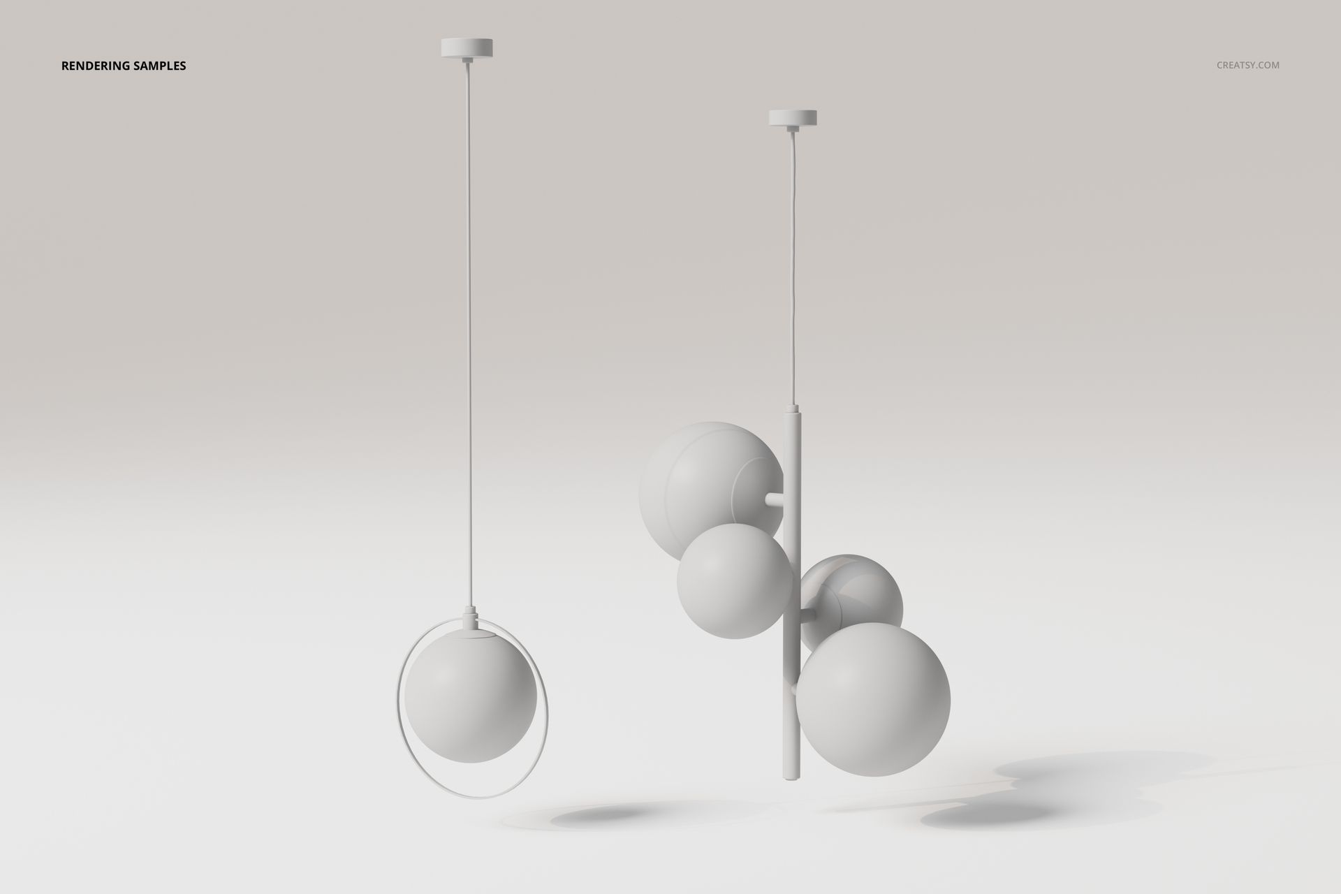 Front view of two modern globe ceiling lamps, featuring smooth white spherical shades suspended from minimalist rods.