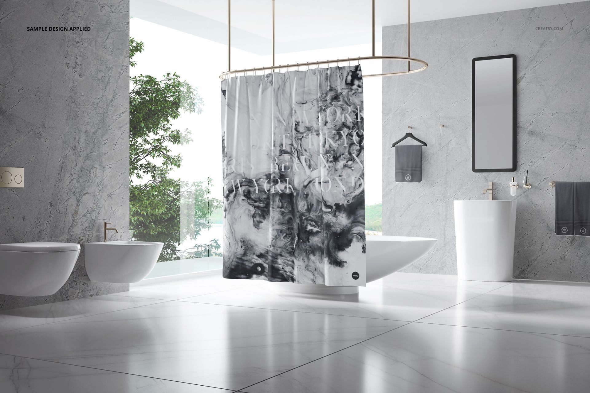 Bathroom bath curtain mockup displayed in a bright, minimalist space, curtain has swirling black and white artistic pattern.