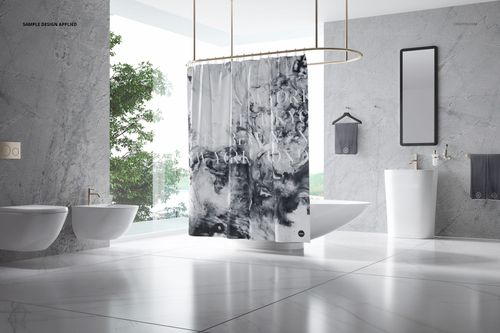 Bathroom bath curtain mockup displayed in a bright, minimalist space, curtain has swirling black and white artistic pattern.