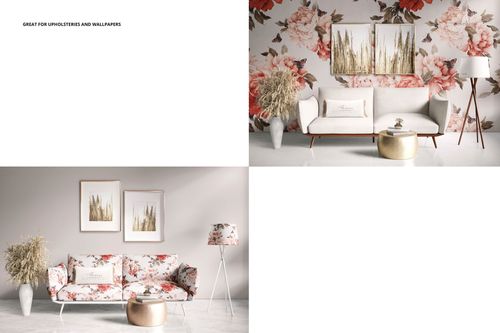 Living room mockup with a floral sofa, gold accent table, framed wall art, and decorative plants on a white floor.
