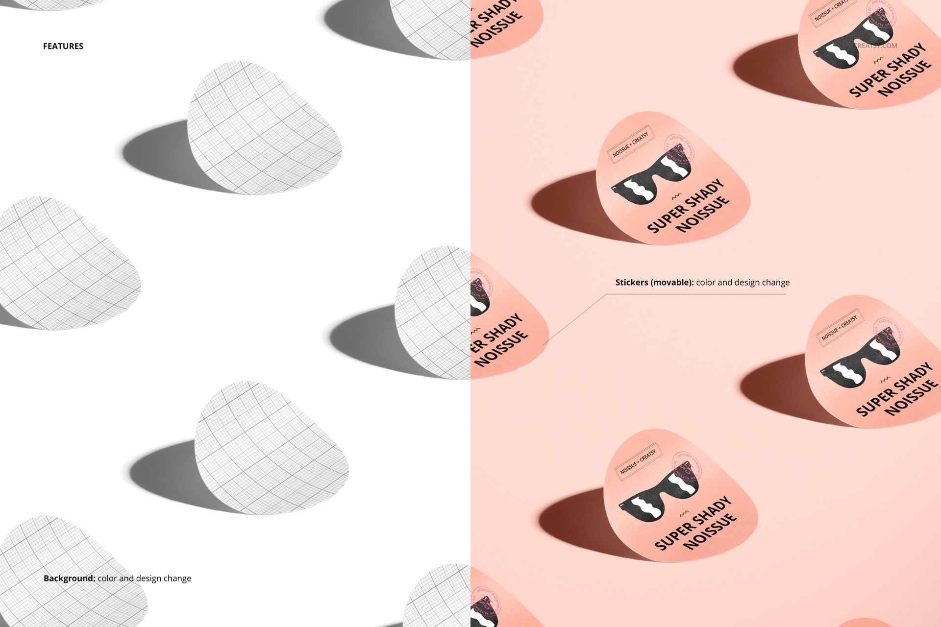 Group of round sticker mockups displayed in a row, showing blank grid and printed versions on a light background.