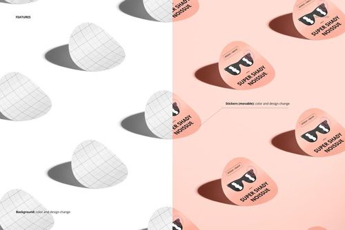 Group of round sticker mockups displayed in a row, showing blank grid and printed versions on a light background.