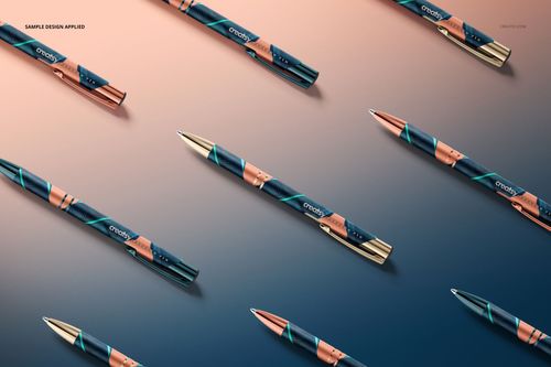 Paragon pen mockup set showing several pens with shiny metallic tips and abstract patterns, viewed from above.