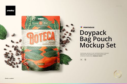 Doypack bag pouch mockup featuring a vibrant botanical pattern and coffee beans, shown from the front perspective.