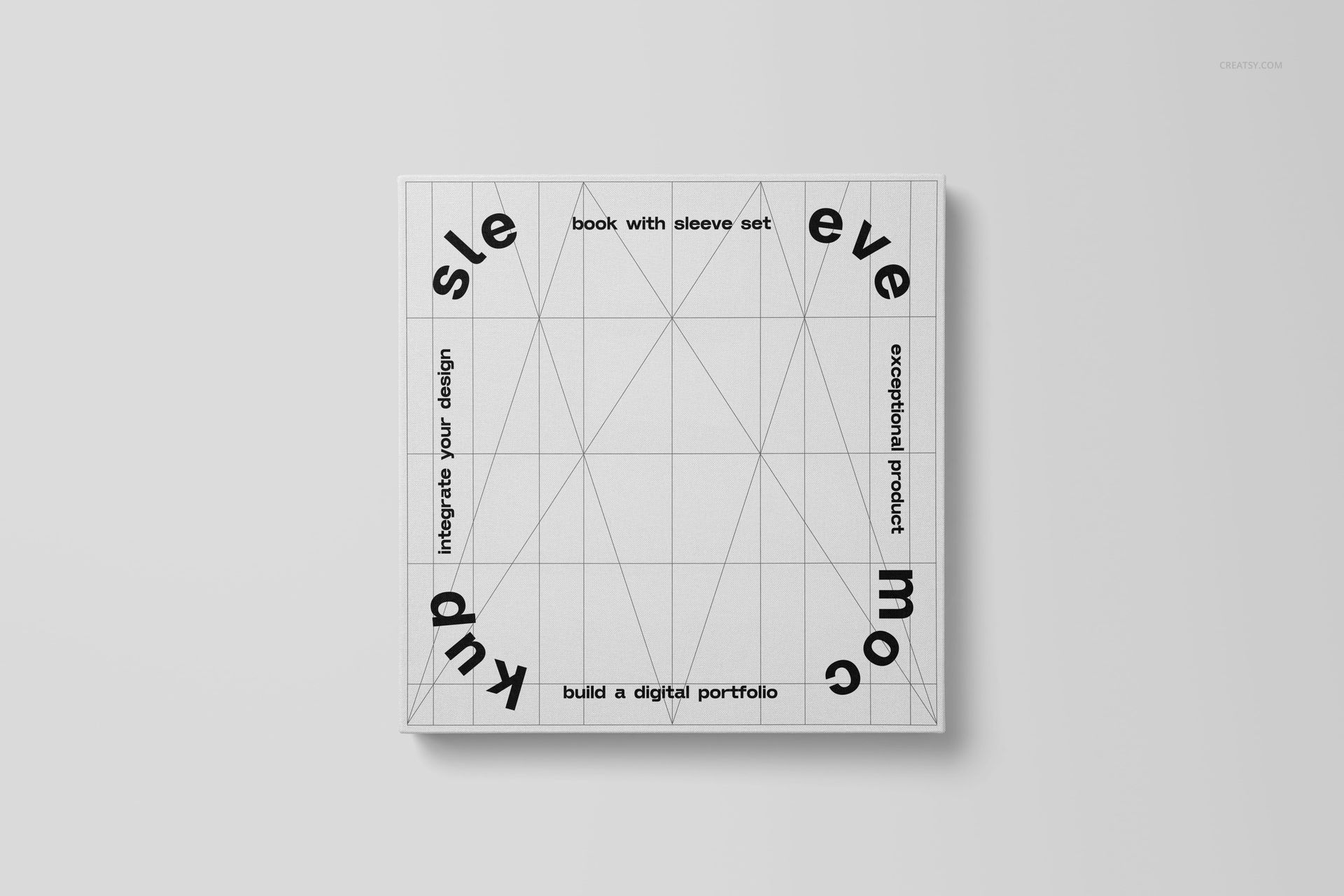Square hardcover book and sleeve mockup with geometric line pattern, shown from a front view on a light background.