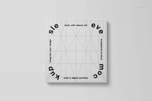 Square hardcover book and sleeve mockup with geometric line pattern, shown from a front view on a light background.