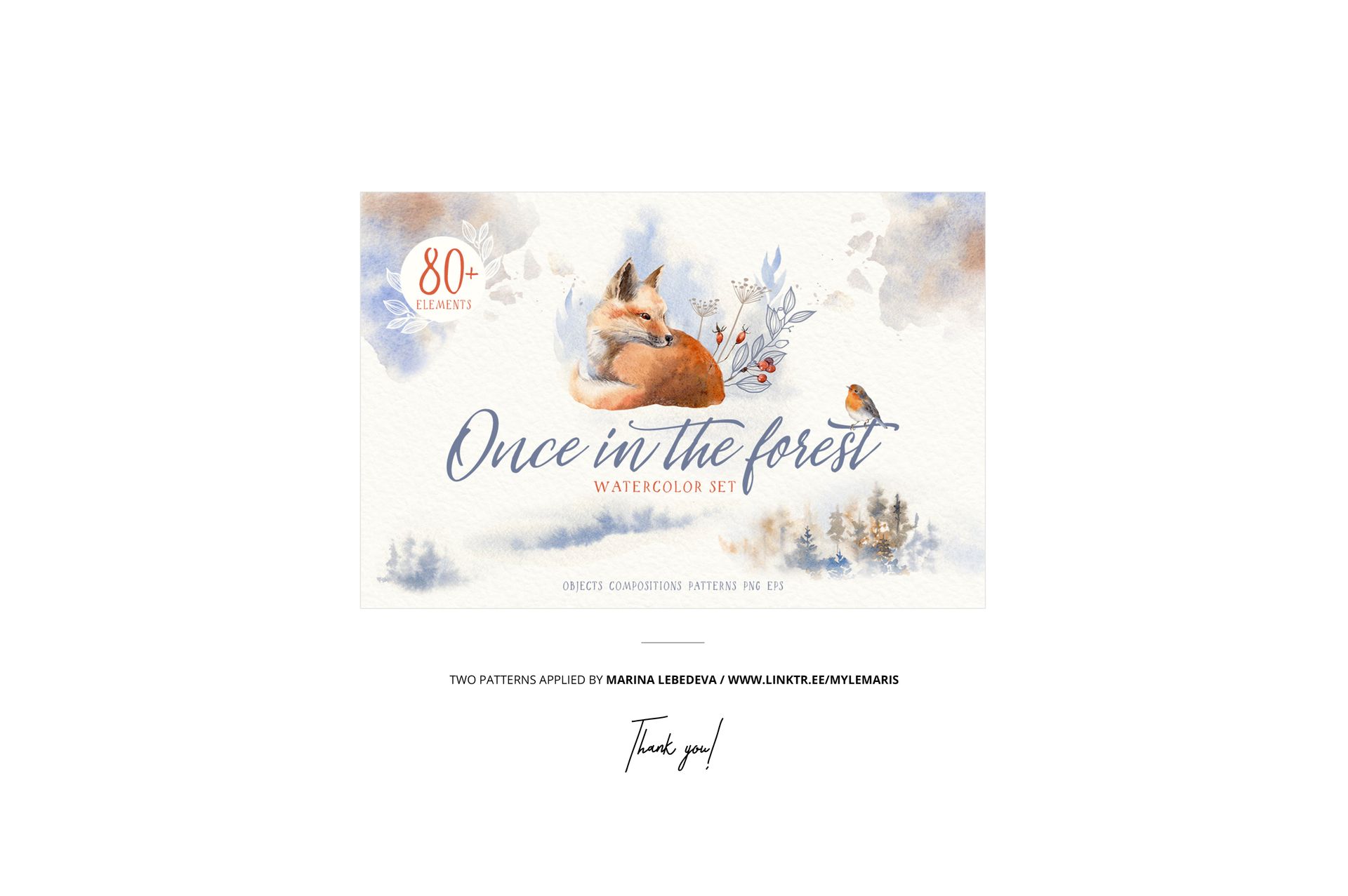 Folded fabrics mockup with a nature-inspired watercolor design showing a fox, bird, and foliage on a light background.