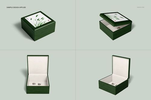 Mockup of green wood jewelry boxes with ceramic tile lids featuring a leaf design, displayed from multiple angles.