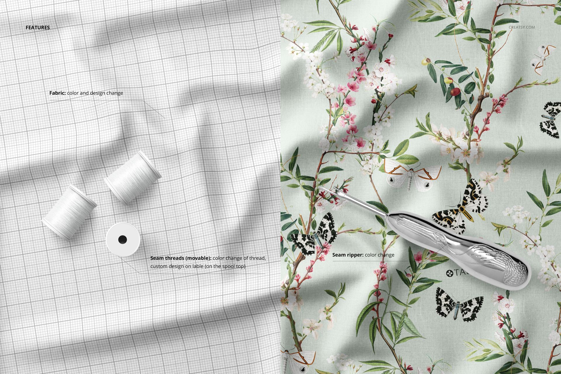 Creased fabric mockup shown from a top view, featuring a split scene with grid pattern and floral design, plus sewing props.