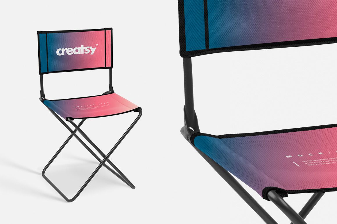 PSD mockup of a folding chair featuring a colorful gradient design on the seat and backrest, displayed on white.