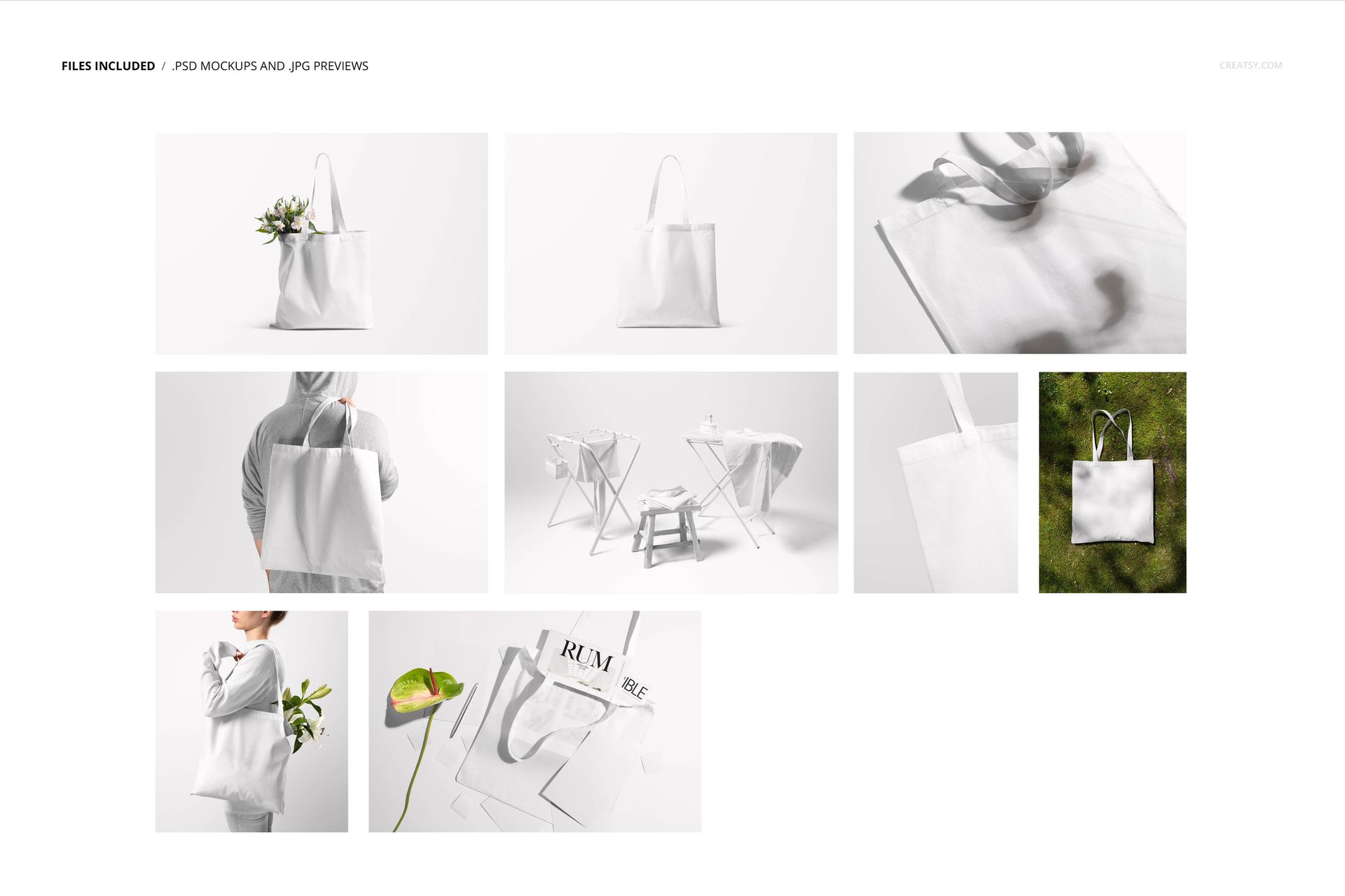 Set of tote bag mockup images showing plain white bags in various scenes and angles, including front and top views.