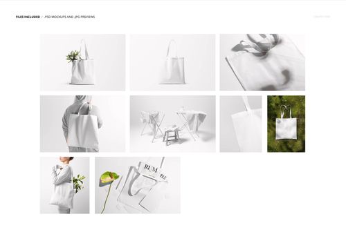 Set of tote bag mockup images showing plain white bags in various scenes and angles, including front and top views.