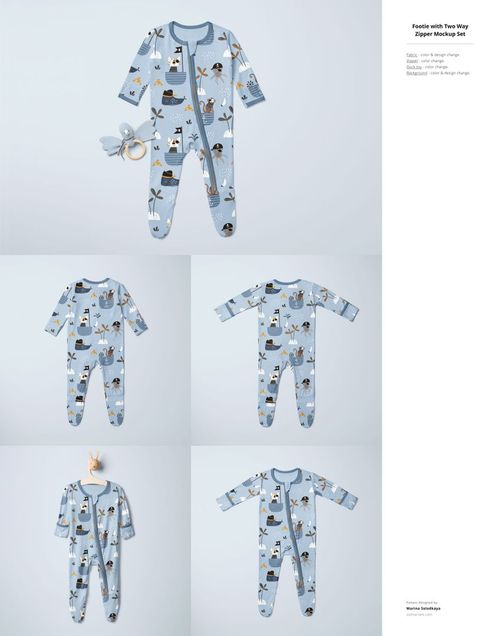 Blue baby onesie mockup with playful animal and nature illustrations, shown from multiple angles on a light background.