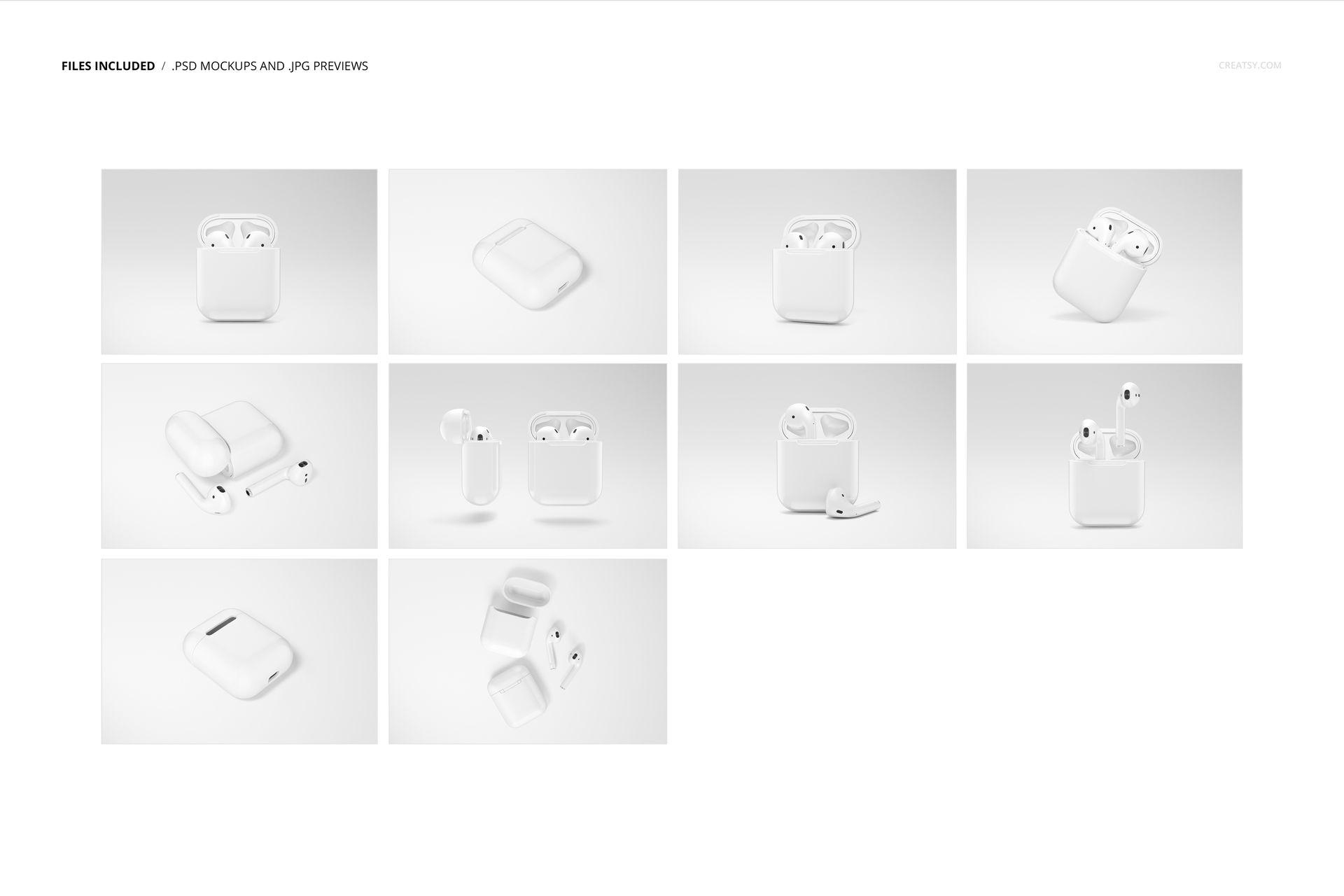 Set of white AirPods cases and earbuds displayed in various angles on a clean white background, showcasing mockup options.