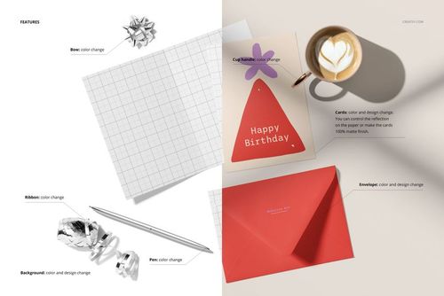 Mockup set showing greeting cards and envelopes in different sizes, with props like a pen, ribbon, bow, and latte art.