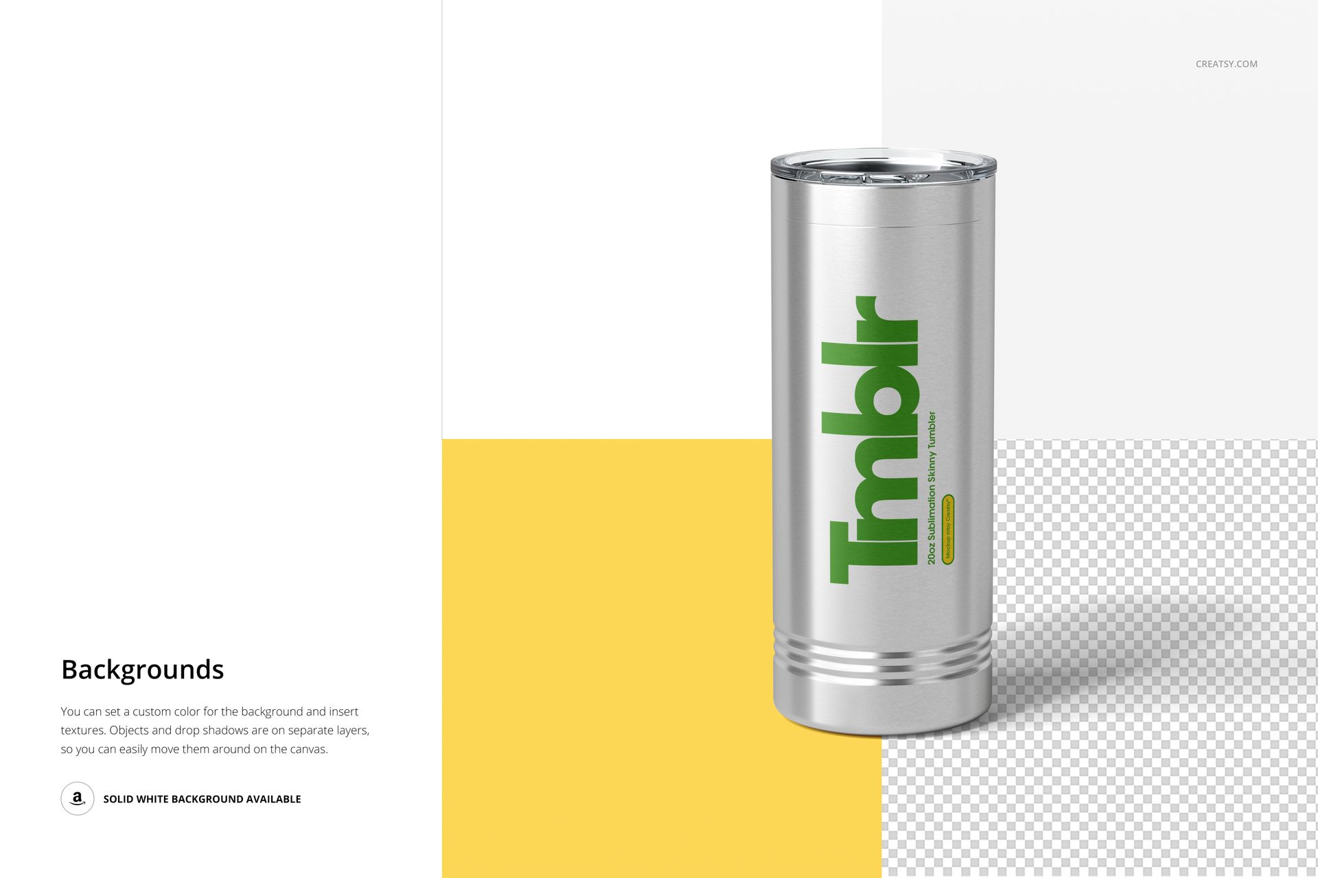 22oz stainless steel tumbler mockup shown from the front, featuring a green graphic and multi-colored background sections.