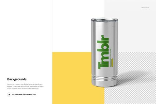 22oz stainless steel tumbler mockup shown from the front, featuring a green graphic and multi-colored background sections.