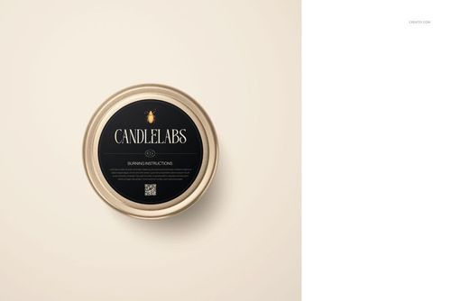 Top view of a 4 oz candle tin mockup featuring a dark circular label and minimalistic cream-colored surface.