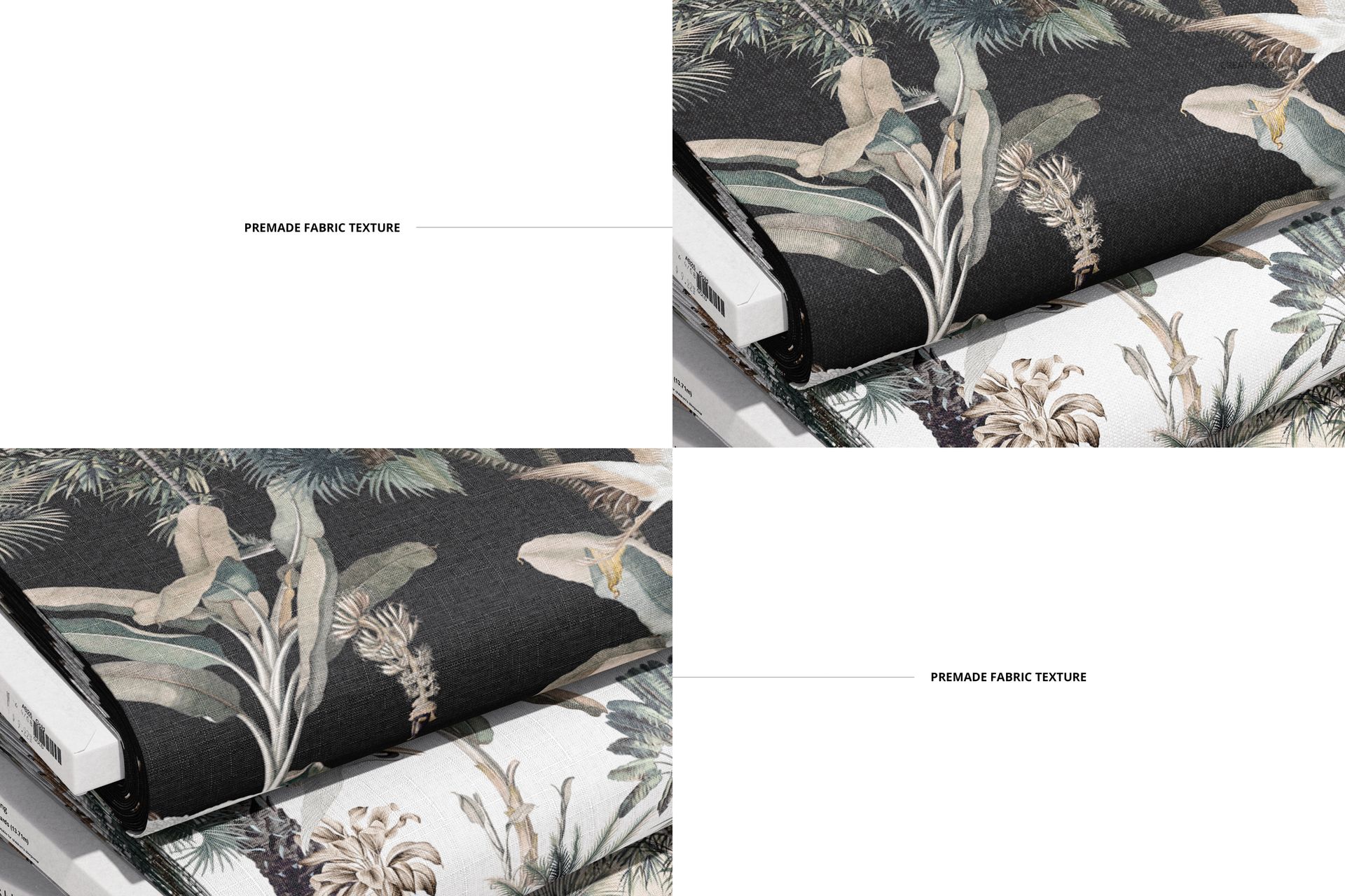 Fabric bolts mockup displaying botanical designs in black and white tones, viewed from the side on a flat surface.