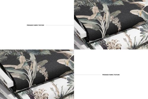 Fabric bolts mockup displaying botanical designs in black and white tones, viewed from the side on a flat surface.