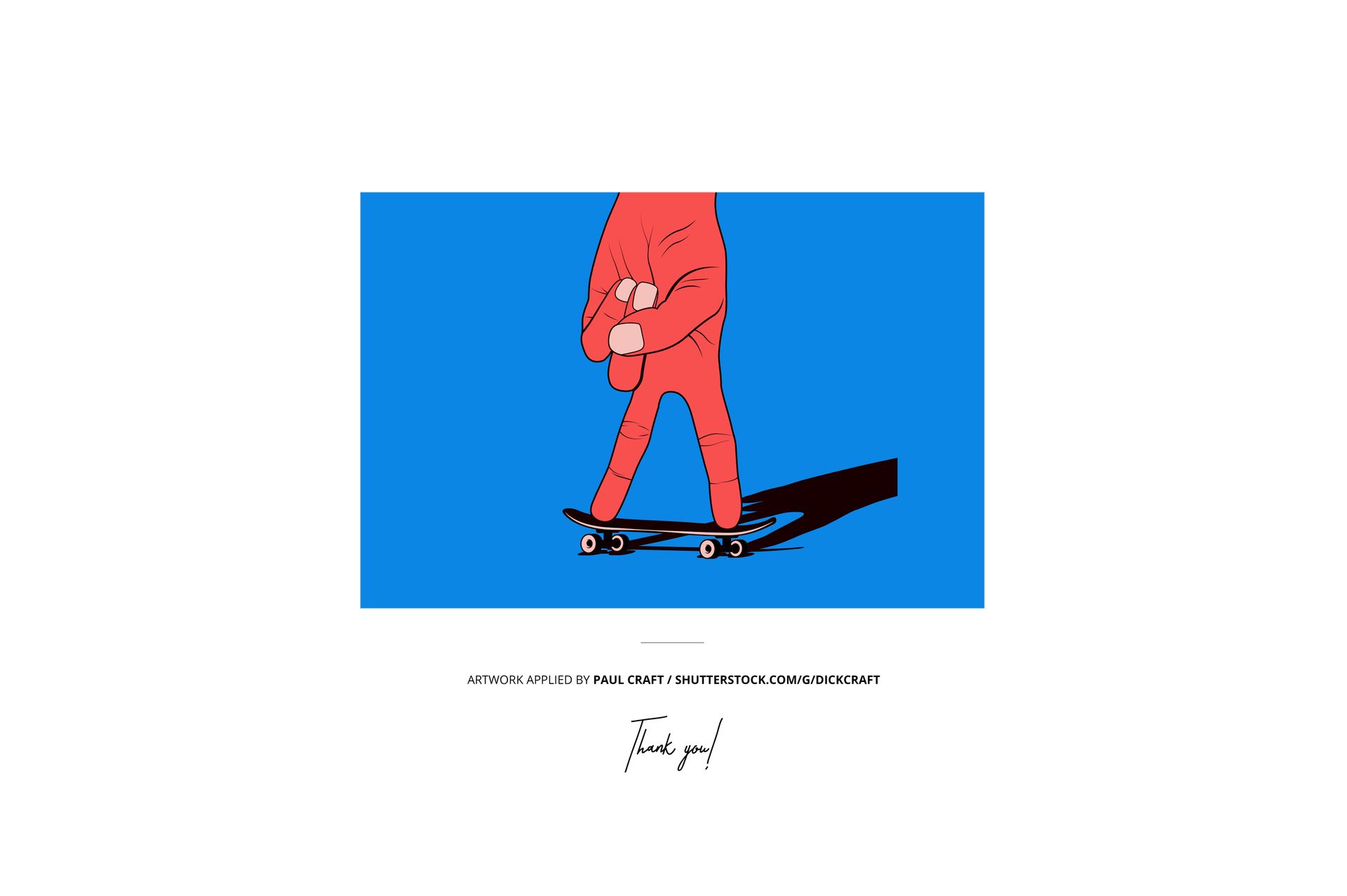 Front view of a tote bag mockup featuring a blue background and a graphic of a hand using fingers to ride a skateboard.