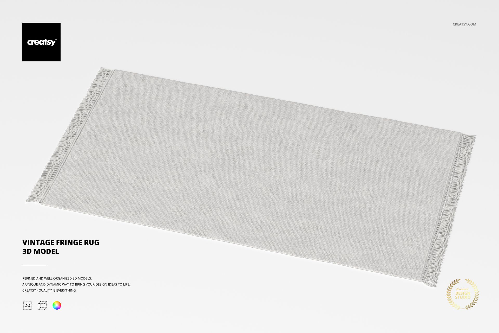 Rectangular vintage fringe rug in light gray, viewed from above on a plain white background with subtle shadows.