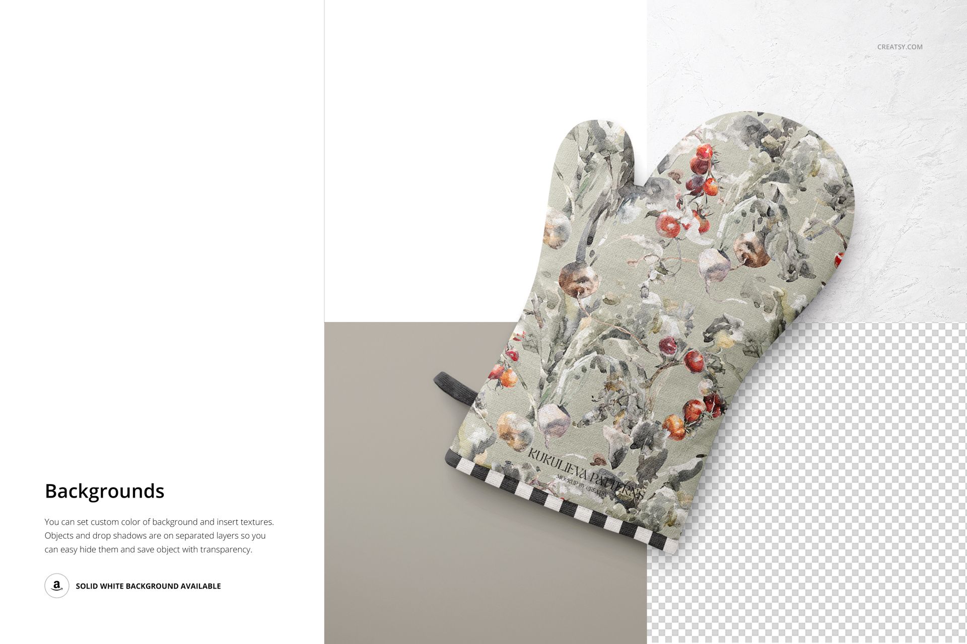 Oven mitt mockup featuring a floral patterned mitt with a checkered trim, shown from a top view on a neutral surface.