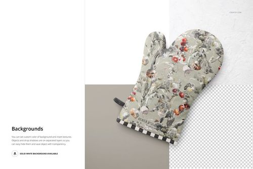 Oven mitt mockup featuring a floral patterned mitt with a checkered trim, shown from a top view on a neutral surface.