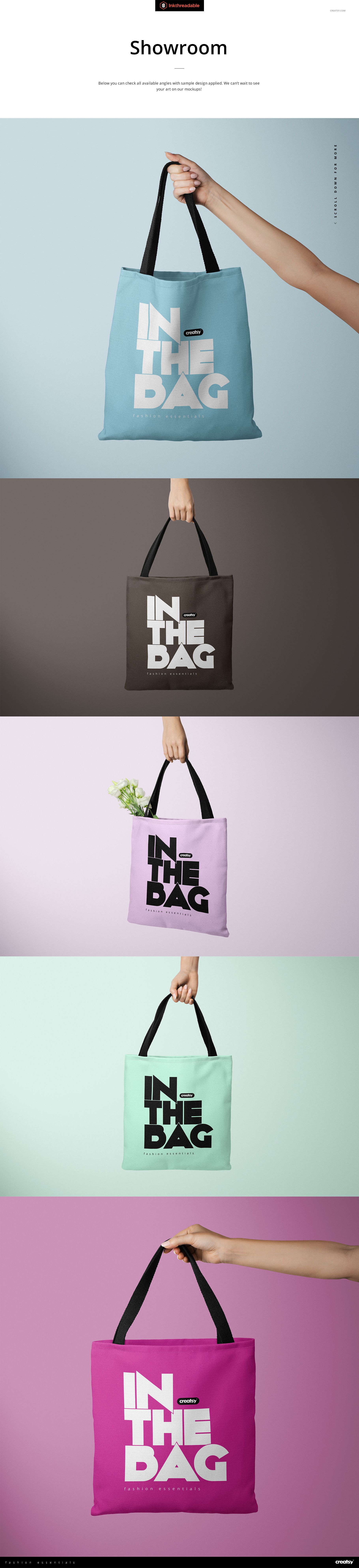Set of polyester tote bag mockups displayed in blue, black, mint, and pink, shown from the front with simple backgrounds.