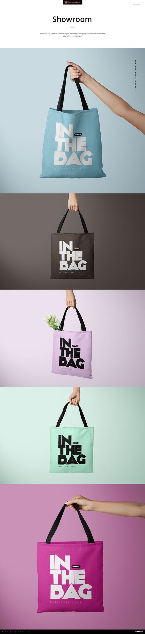 Set of polyester tote bag mockups displayed in blue, black, mint, and pink, shown from the front with simple backgrounds.