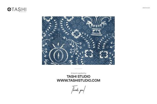 Top view of a drum lampshade mockup featuring a blue and white floral and ornamental pattern design.