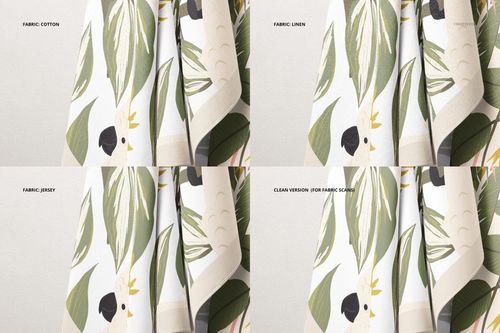 Set of four fabric mockups featuring cotton, linen, jersey, and a clean version with leafy designs, side view.