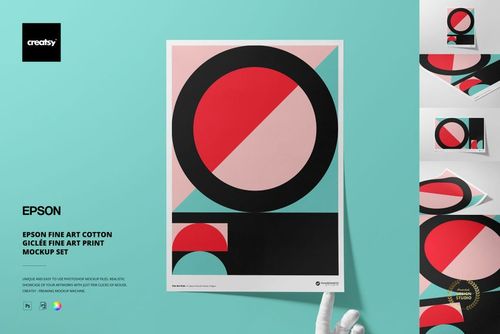 A3 fine art print mockup featuring geometric abstract shapes in black, red, and teal on a light teal background.