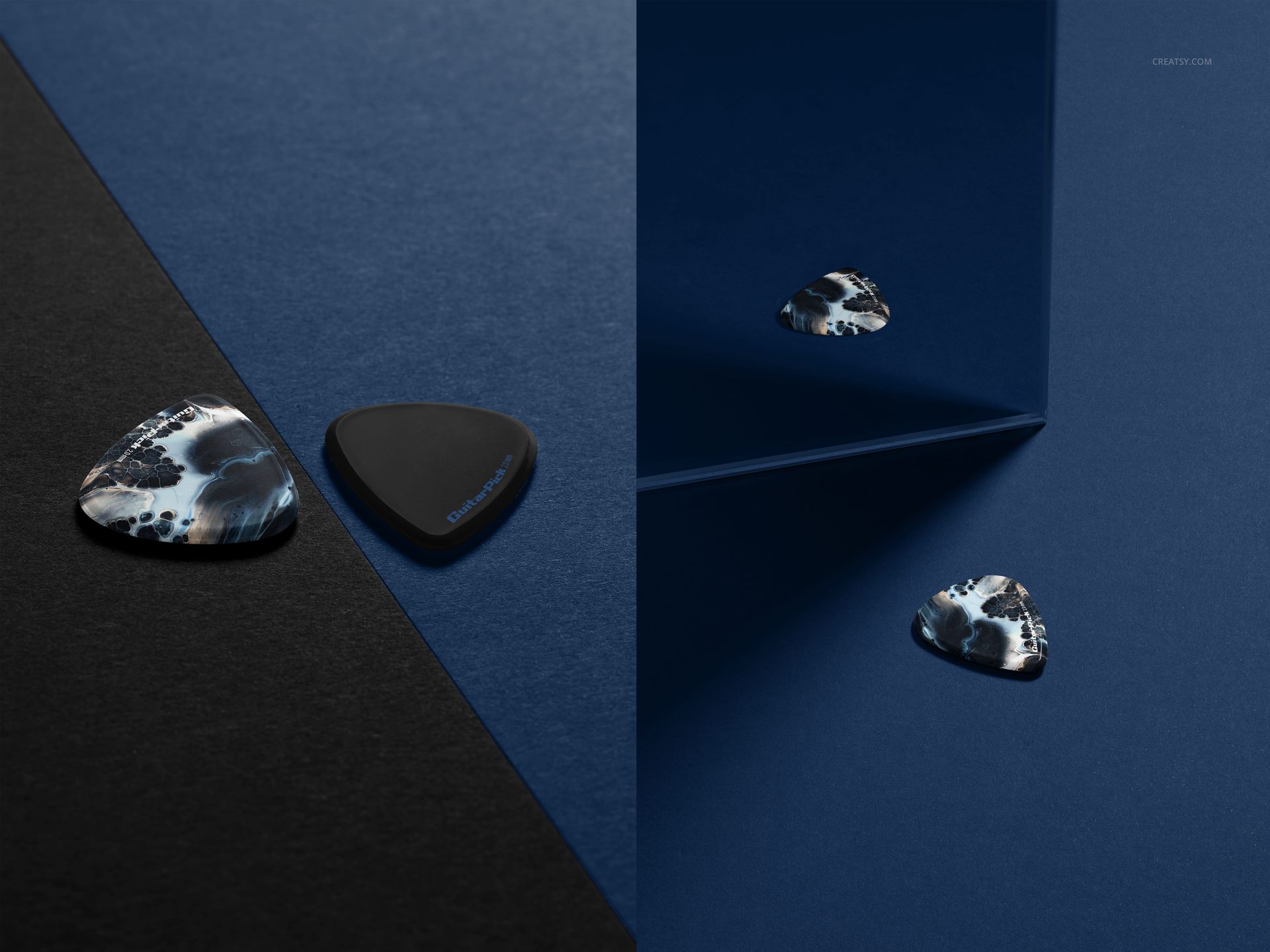 Guitar pick PSD mockup featuring a marbled pick and a plain dark pick, placed on contrasting black and blue backgrounds.