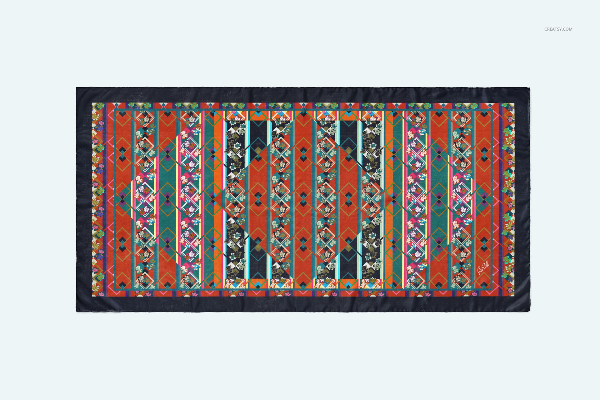 Rectangular habotai silk scarf mockup with a vibrant geometric and floral pattern, top view on light background.