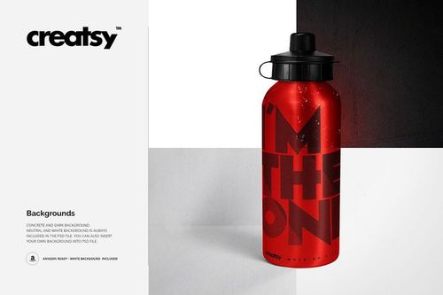 PSD mockup of a metallic water bottle in vivid red, positioned vertically against a minimalist white and concrete backdrop.