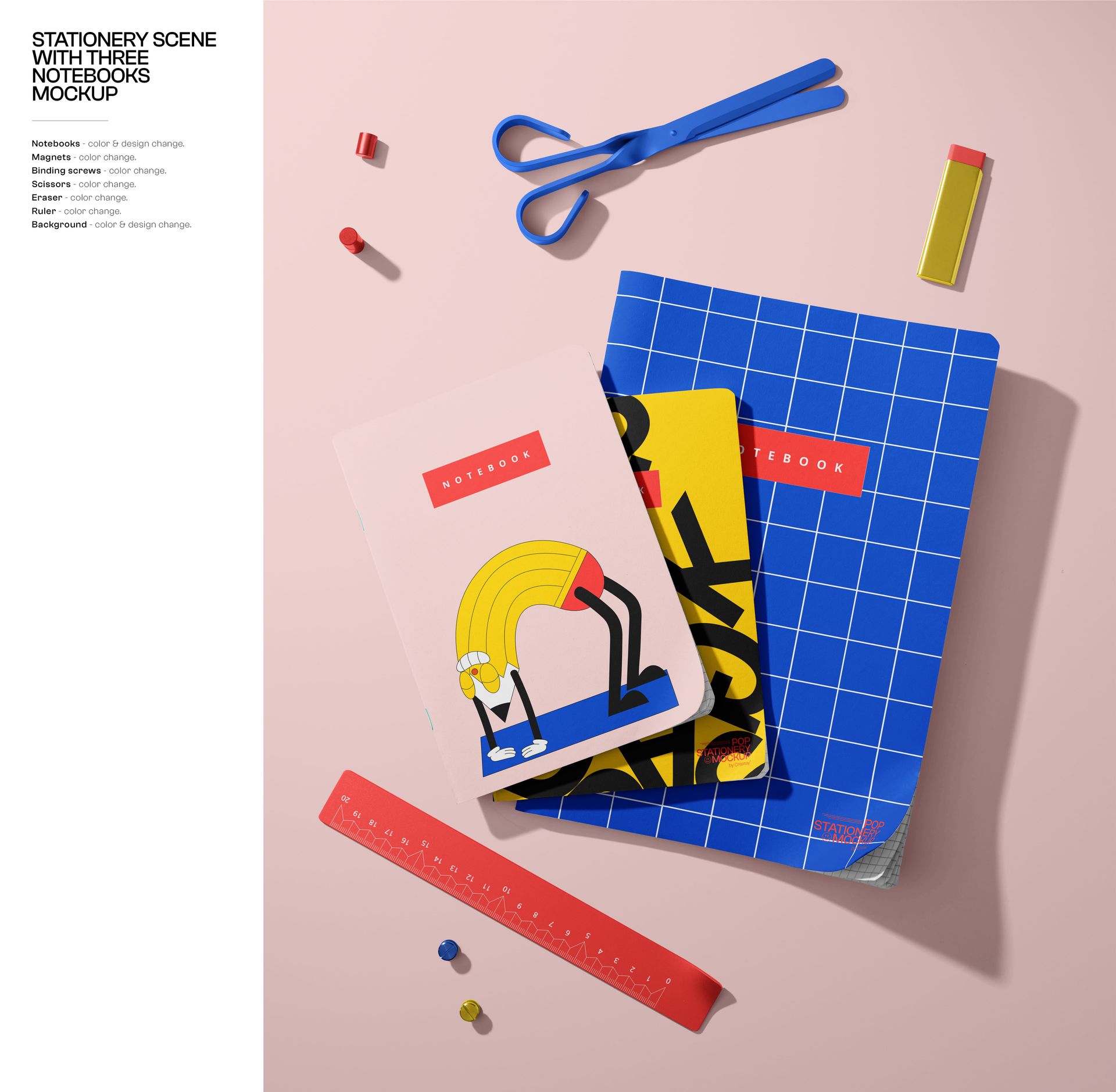 Top view of three colorful notebooks with abstract covers, blue scissors, red ruler, and assorted stationery on a pink background.
