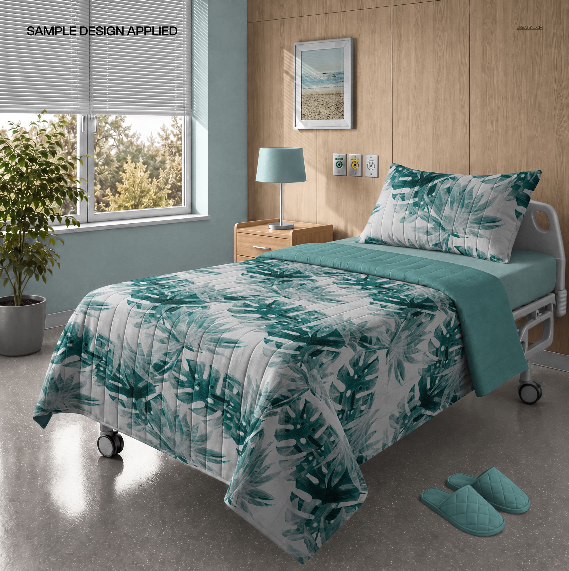 Hospital Bedding Set in Patient Room Mockup
