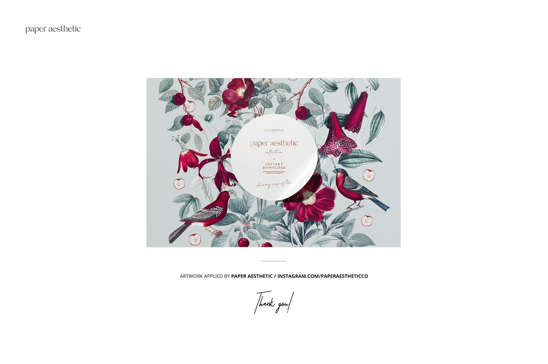 Folded bed sheet and pillow cover mockup featuring a botanical and bird pattern in red and green tones, top view.