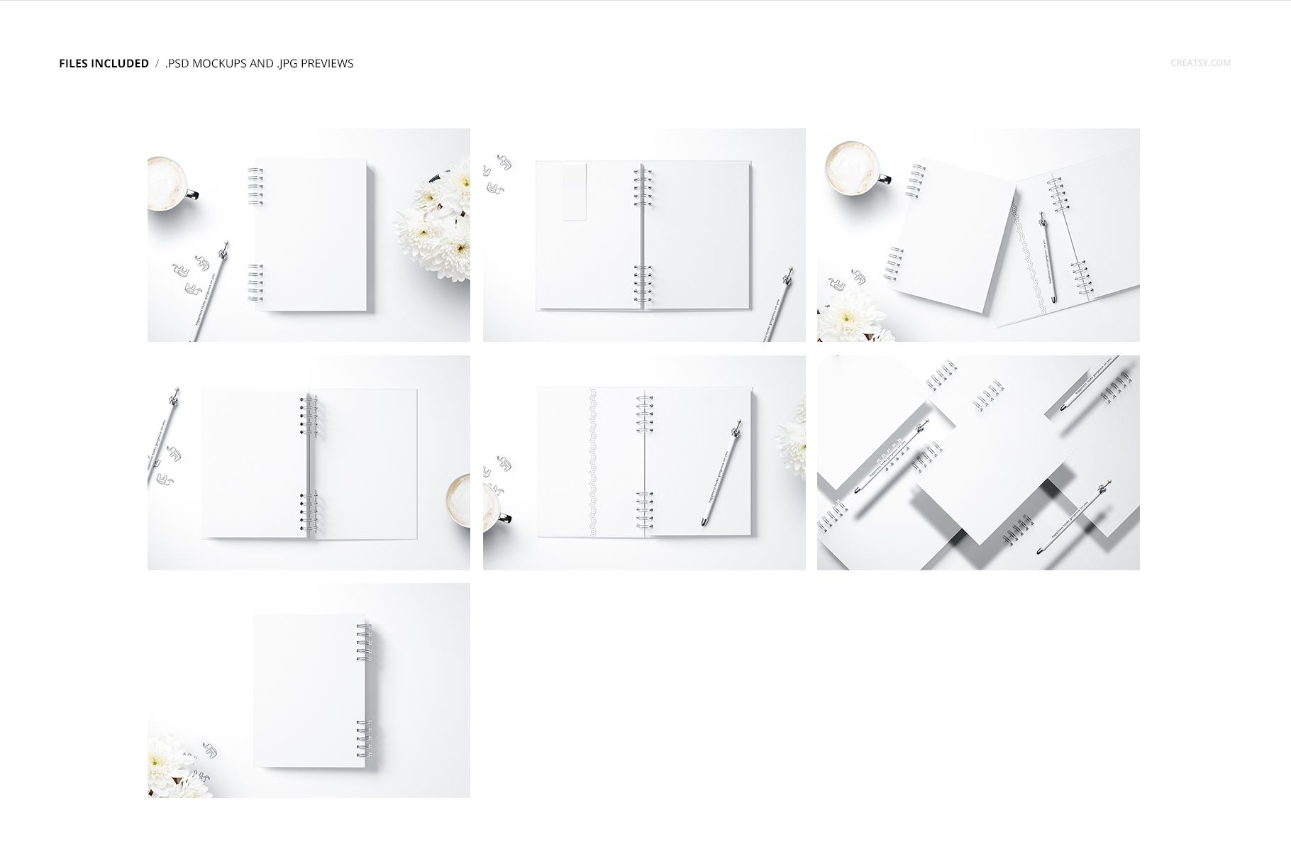 Set of planner mockups displayed from various angles, featuring spiral-bound notebooks on a white surface with flowers and a cup.