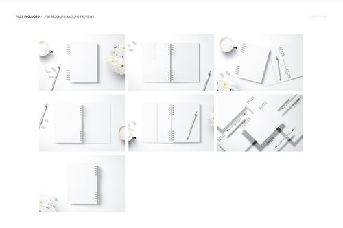 Set of planner mockups displayed from various angles, featuring spiral-bound notebooks on a white surface with flowers and a cup.