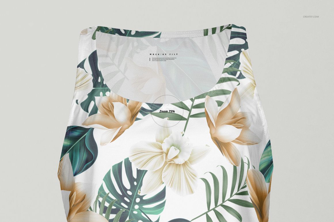 Front view of a women's tank top mockup with large cream flowers and green leaves on a white background.