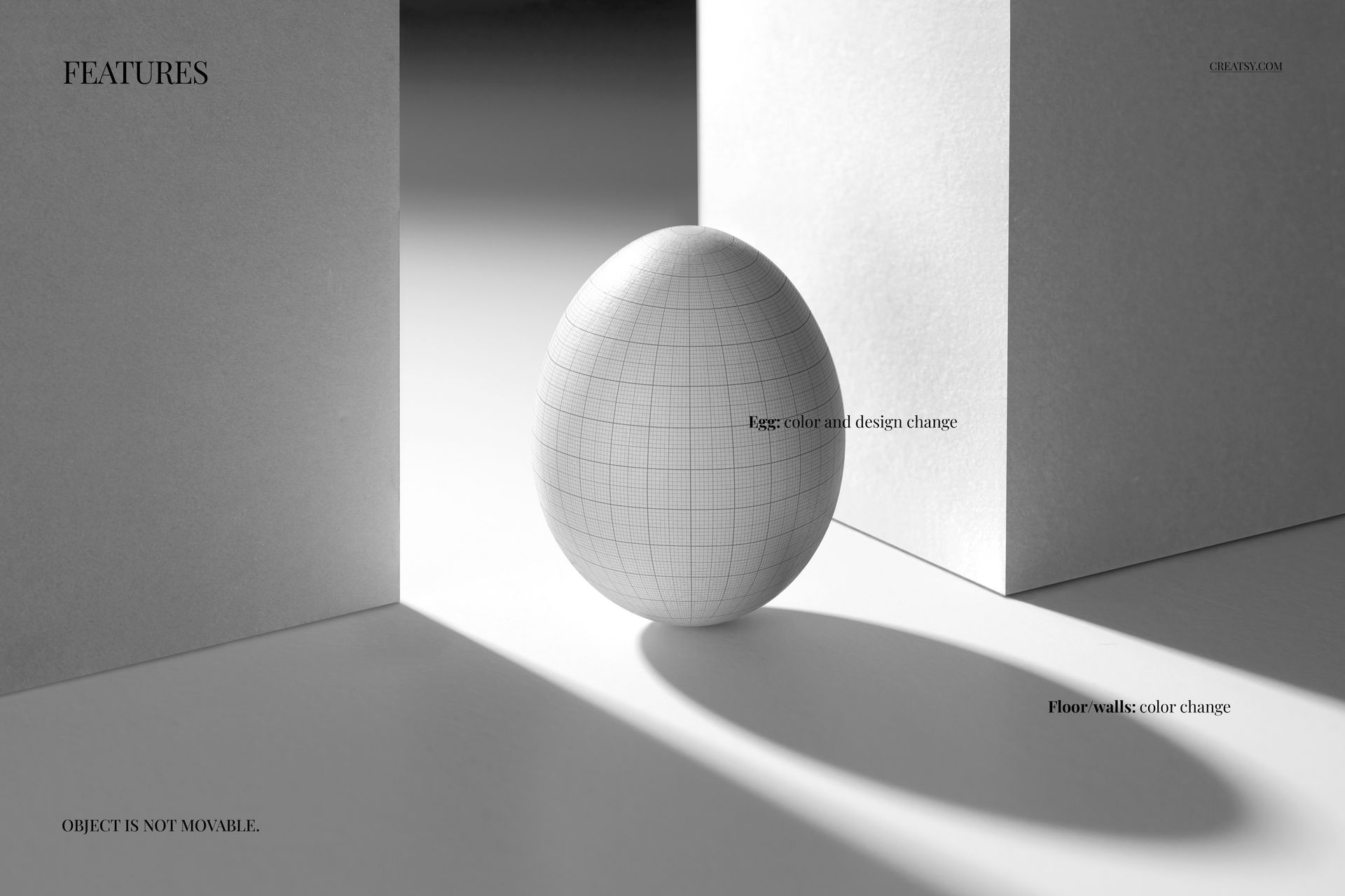 Easter egg mockup featuring a grid design, positioned between two white geometric shapes in a bright studio setting.